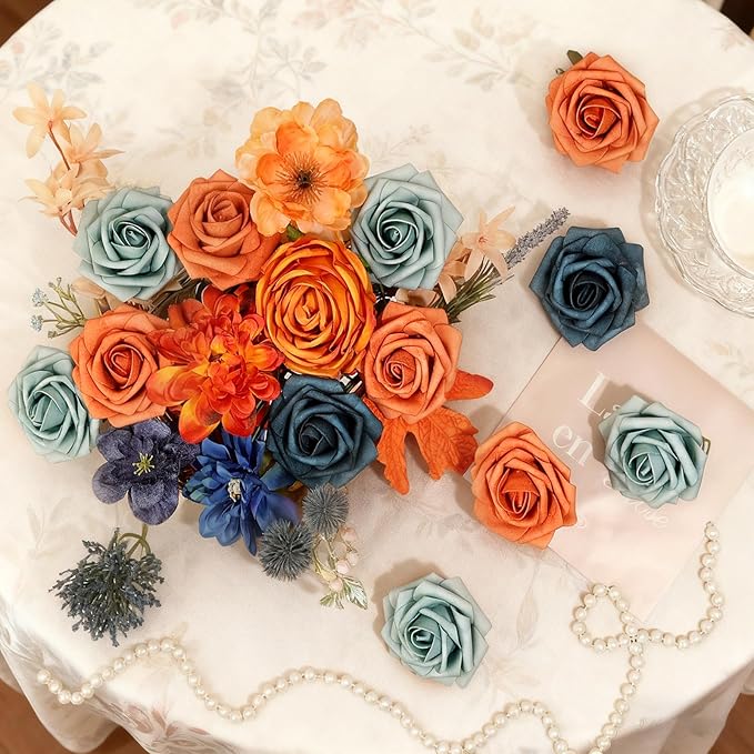 SwanMoon Artificial Flowers Combo Box Set, Halloween 26pcs Orange Silk Roses & Daisy with Stems for DIY Wedding Bouquets, Autumn Party Centerpieces & Home Decor