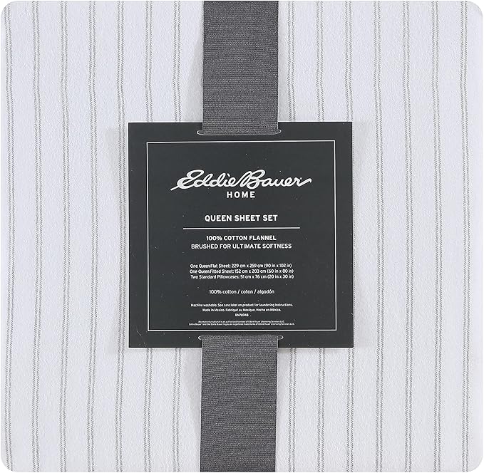 Eddie Bauer - Flannel Sheets Full Size, Anti-Pilling & Wrinkle Resistant Cotton, Touchably Soft for All-Season Comfort - Bed Sheets with Matching Pillowcases & Fitted Sheet (Trail Stripe Grey)