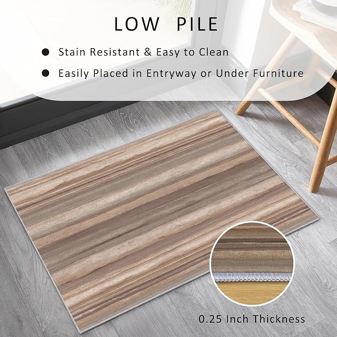 Natural Stripe Rustic Area Rug, Beige Brown Pattern Carpet, Washable Non Slip Low Pile Soft Thin, Living Room Bedroom Dining Room Home Decor Mat 4x6ft