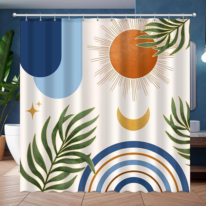JWXCBIM Boho Mid Century Shower Curtain, Bohemian Blue Minimalist Simple Aesthetic Modern Bathroom Decor, Colorful Rainbow Sun Moon Natural Botanical Leaves Fabric Cloth Bath Curtain 72x72 Inches
