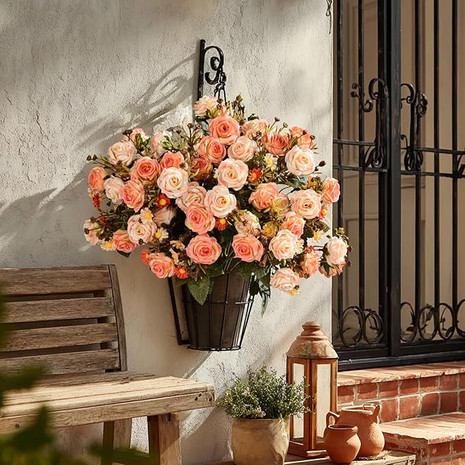 Artificial Rose Flowers for Outdoor 4 Bundles Rose Bouquet with Daisy Faux Flowers UV Resistant for Home Indoor Outside Garden Porch Window Box Balcony Yard Porch Fall Decor (Orange)