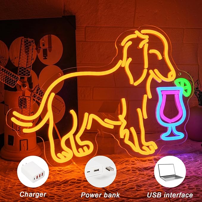 Dachshund Drink Martini Neon Sign for Wall Decor Long Haired Dachshund Bar Neon Light Colorful Dog Drink Martini Led Light Dog Neon Light for Bedroom Man Cave Living Bar Room Shop Party