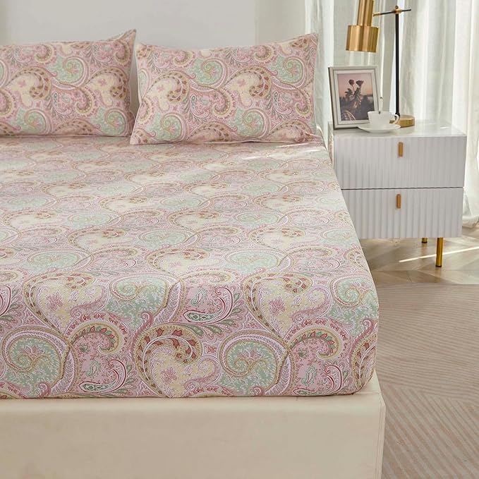 Brandream Boho Paisley Bedding Pink Elegant Watercolor Farmhouse Bed Sheets Set Queen Size Luxury Bedding Collections 800 Thread Count 100% Egyptian Cotton Deep Pocket, 4 Piece