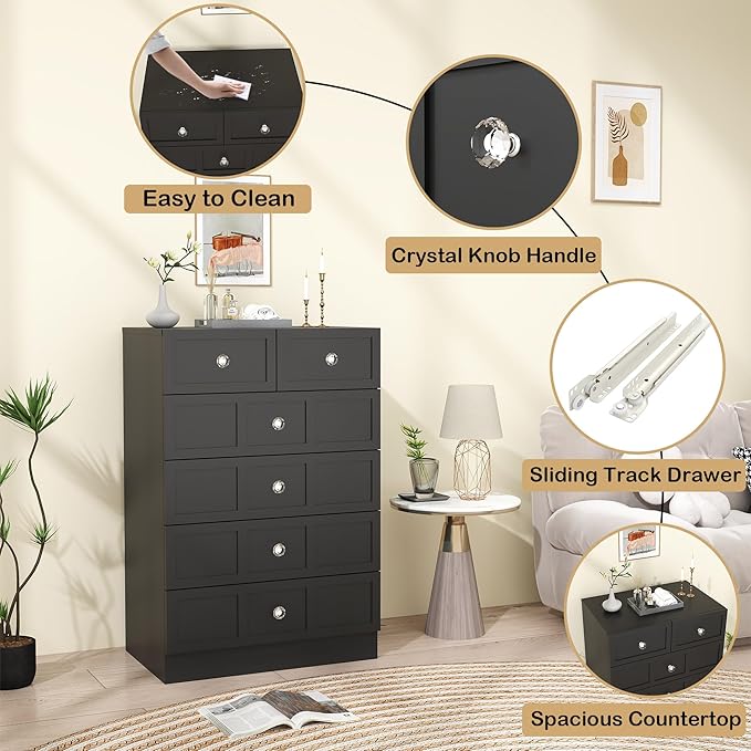 6 Drawer Dresser for Bedroom: 24" Fluted Black Dresser Deep Drawers, Modern Chest of Drawers for Bedroom, Fluted Wood Dressers for Living Room, Hallway (Black, 24")