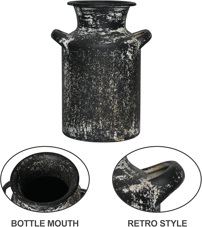 Rustic Vintage Metal Flower Vase for Decor Milk Jug Small Vases for Flowers Kitchen Decorations, Cylindrical,Perfect for Kitchen, Dining Room, Living Room,Housewarming Gift (Black)