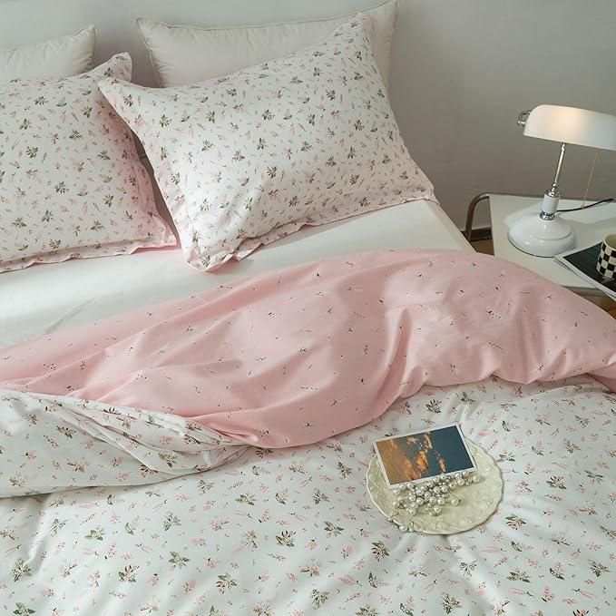 EAVD Vintage Floral Duvet Cover Full Size Cotton Girls Garden Pink Floral Bedding Sets Fulll Aesthetic Comforter Cover with Zipper Chic Fresh Botanical Duvet Cover with 2 Pillowcases