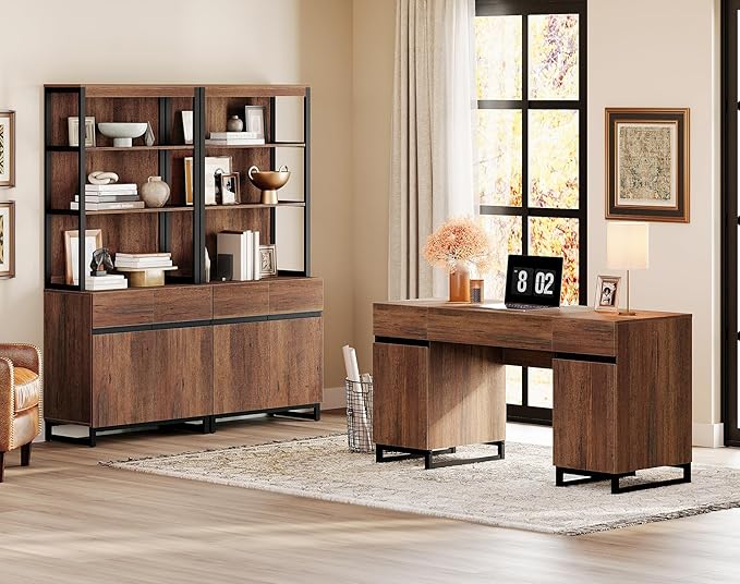WAMPAT 59" Modern Executive Desk with Drawers, Home Office Computer Desk with Charging Station, File Drawer, Storage Cabinet, Wood Writing Desk for Work and Study, Dark Brown