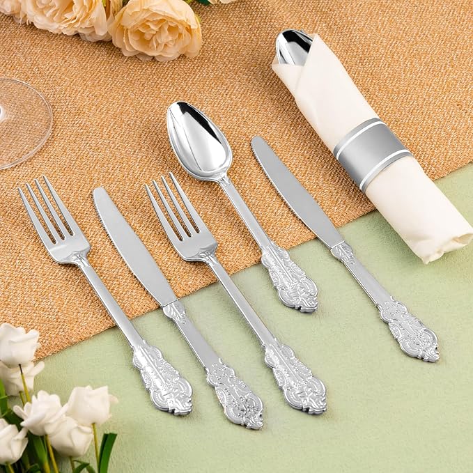 75PCS Silver Plastic Silverware for 25 Guests, Heavy Duty Silver Disposable Utensils Sets, Includes 25 Forks, 25 Spoons, 25 Knives, Elegant Cutlery Perfect for Wedding or Party