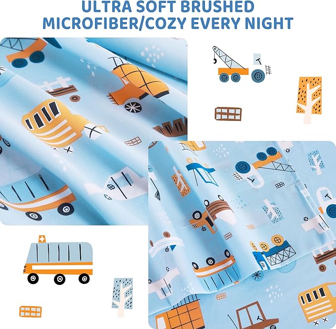 Viviland 4 Pieces Boys Blue Truck Full Sheet Set - Soft Microfiber Fitted Flat Sheets & Pillowcases - Construction Truck Bedding Sets - for Kids & Toddlers