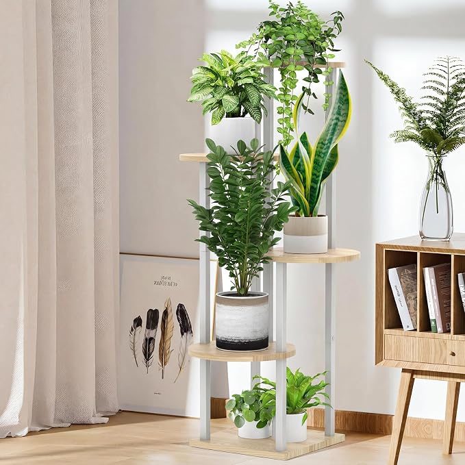 5 Tier Wood Tall Plant Stand Metal Rack Indoor, Multiple Flower Pot Holder Shelves Corner Rack, Round Planter Shelf Display Rack Storage Organizer for Patio Living Room Balcony(White+Oak)