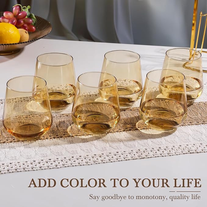 Amber Stemless Wine Glass Set of 6-17oz Wine Glasses, Stemless Drinking Glasses for Wine, Cocktails & Beverages - Elegant Glassware for Home, Bar & Holiday Use