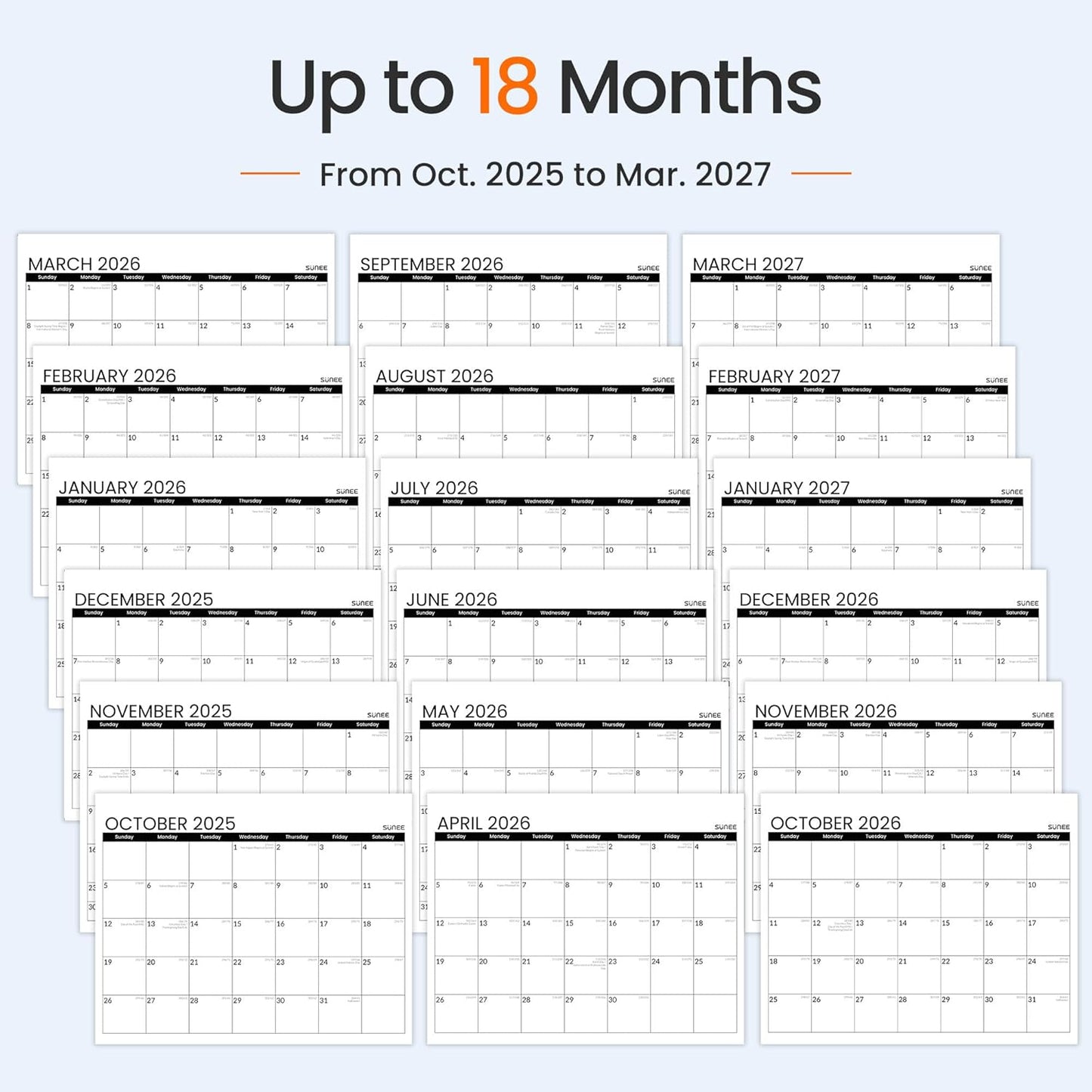 SUNEE 2026 Wall Calendar - 18 Months Big Grid Organizer | Thick Paper, 14.5"x11.5", Black