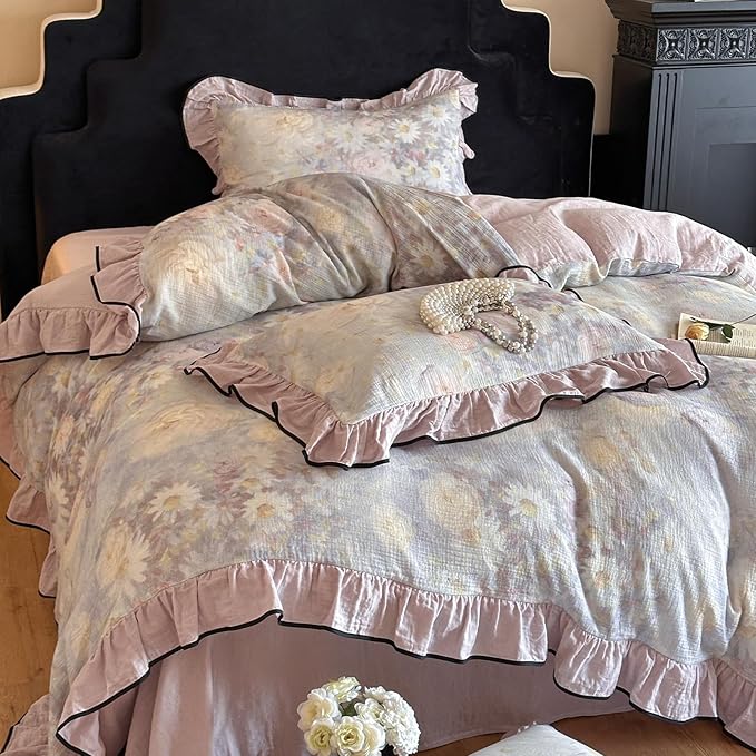 HighBuy Purple Floral Linen Cotton Duvet Cover Twin XL,Ruffle Design 3 Piece Natural Muslin Yarn-Dyed Textured Bedding Comforter Cover Set for Teen College Vintage Coquette Bedding Breathable
