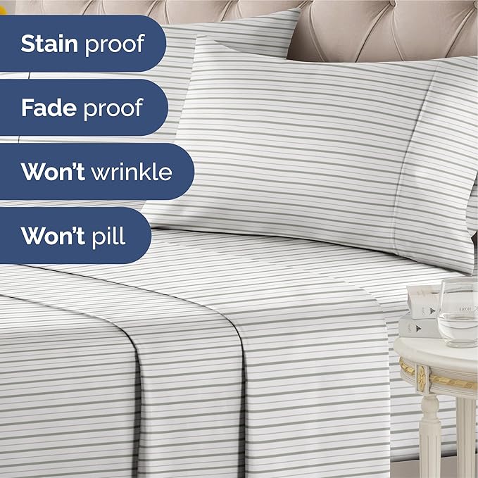 Striped Sheets - Light Grey & White Striped Sheets - 1 Flat & 1 Fitted & 2 Pillowcases w/ Deep Pockets – Wrinkle & Fade Free - Soft Breathable & Cooling – Luxury Pinstripe Bedding - Queen Size Bed Set