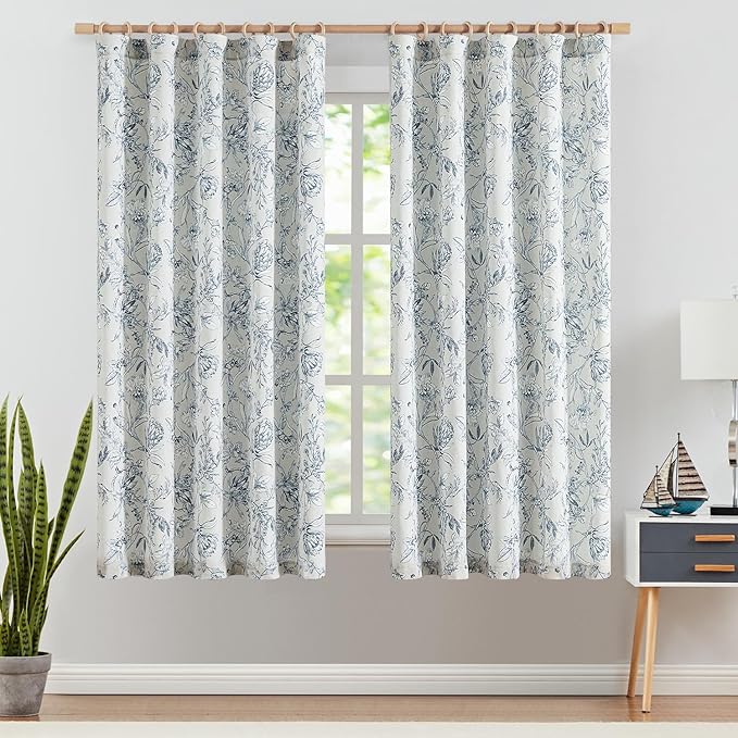 jinchan Floral Curtains 63 Inch Length Blue Flower Linen Farmhouse Curtain for Living Room French Country Vintage Curtain Rod Pocket Curtains Set 2 Panels Blue Floral Printed