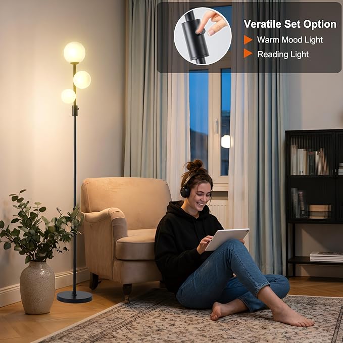 Fiqevs Upgraded Dimmable 3 Globe Mid Century Modern Floor Lamp, 3 x 3000K Warm Light LED Bulbs Included, Matt Black Standing Lamp with Sphere Glass Shade, Vintage Tall Lamp for Living Room, Bedroom