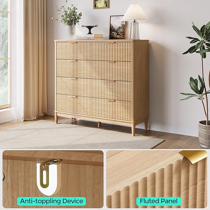 LINSY Fluted Dresser for Bedroom with 8 Drawers, Mid Century Modern Chest of Drawers with Gold Metal Handles, Wide Boho Wood Dressers, Large Farmhouse Storage Cabinet for Bedroom, Living Room, Oak