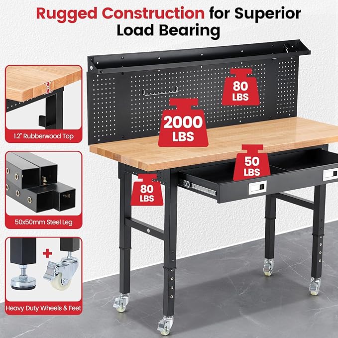 Workbenches for Garage Work Bench with Wheels 60 Inch Adjustable Rubber Wood Top Garage Workbench with Drawers, Pegboard, Power Outlets for Woodworking, Home, Office, Workshop