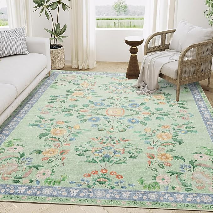 MUJOO 5x7 Area Rugs Washable,Green Floral Rugs for Living Room Bedroom Dining Room Playroom,Boho Indoor Floor Rug Large Non Slip Throw Carpet Low Pile Vintage