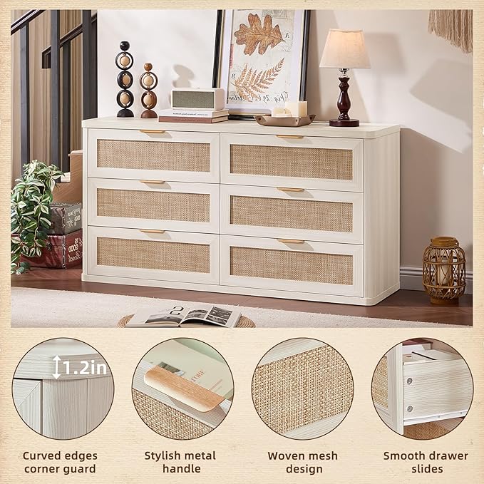 LEYAOYAO Rattan 6 Drawer Dresser for Bedroom, Boho 54" Wide White Dresser Chest of Drawers, Dressers TV Stand with Metal Handle, Storage Dressers Closet Organizer for Living Room, Hallway