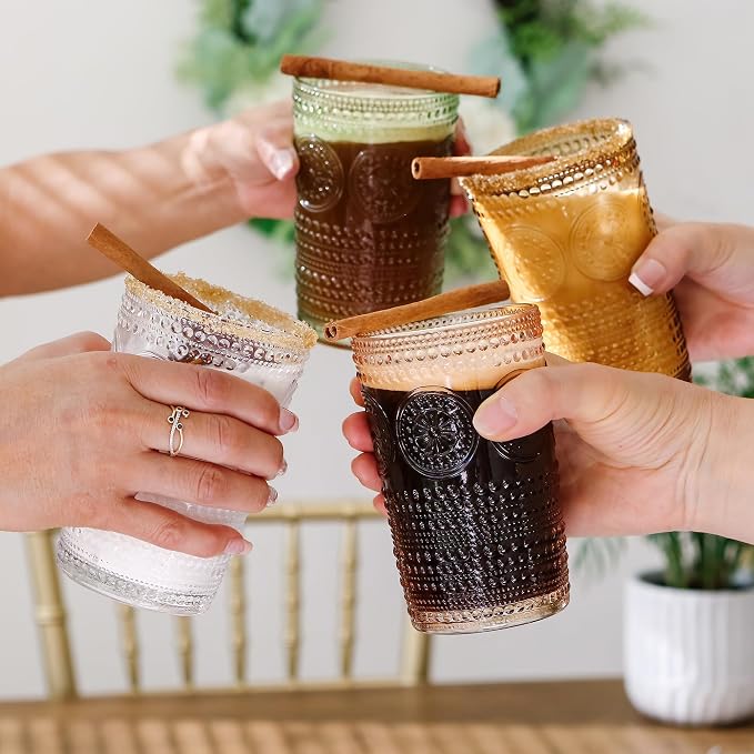 Hobnail Beaded Floral Amber Drinking Glasses Set of 6, (13 oz) Vintage Glassware Set by Kate Aspen| Cocktail Glass Set, Juice Glass, Water Cups | Great Hostess Gift & Gift for New Home Owners