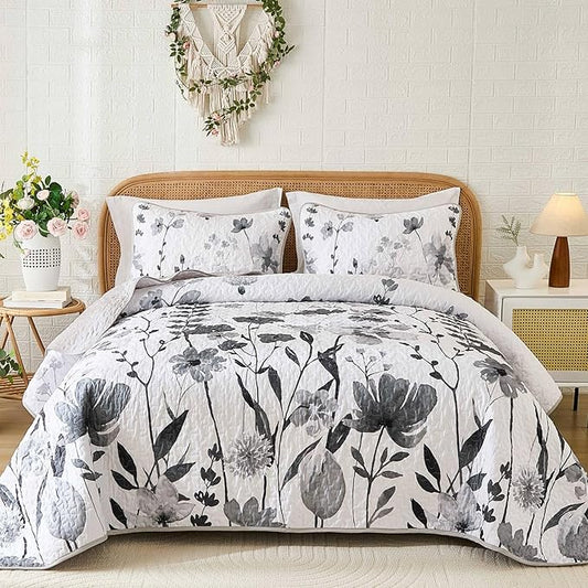 Anibedding Grey Quilt Set King, Floral Bedspread Soft Microfiber Lightweight King Size Quilt Bedding Sets Flower Coverlet for All Season(104"x90")