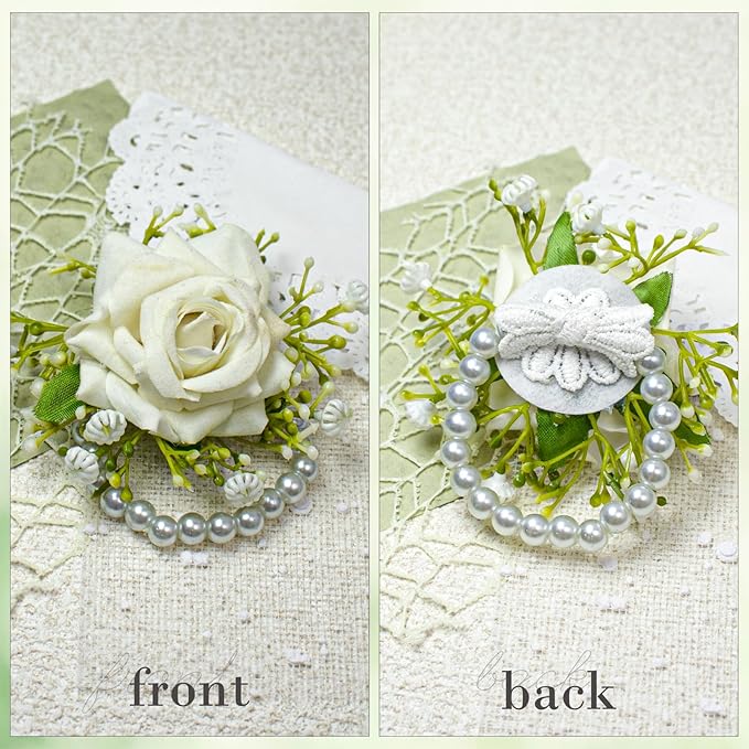 2pcs White Rose Corsage and Boutonniere Set Pearl Wristband Bracelet Artificial Corsage Brooch,Wedding Bouquet for Bride and Groom for Wedding Prom Party Corsage Wristband Flower Accessories Decor