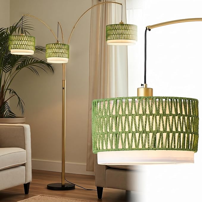 Arc Floor Lamp for Living Room, 80 Inch Gold Rattan Floor Lamp with Rotary Switch, 3 Lights Boho Tall Lamp with Green Wicker Shade for Coastal,Bohemian,Tree Farmhouse Standing Lamp
