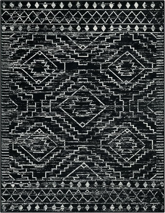 Wonnitar Moroccan Washable Area Rug 5x7, Black Large Rug for Living Room, Non-Slip Boho Bedroom Throw Mat, Low Pile Stain Resistant Geometric Floor Carpet for Dining Table Kitchen Dorm (Black,5'x7')