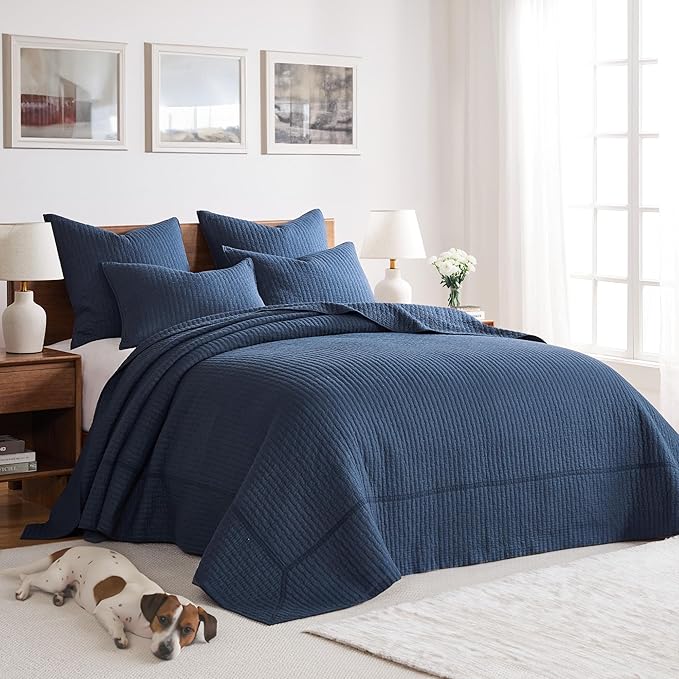Levtex Home Cross Stitch Reversible King Bedspread Set (120x104in) with 2 Pillow Shams (36x20in) - Stitch Texture - Navy - Cotton King Size Bedspread Set - Soft, Pre-Washed