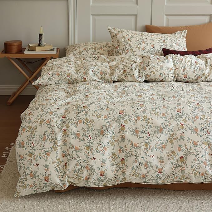 EAVD Vintage Botanical Floral Duvet Cover Queen - Soft Cotton Chic Shabby Garden Bedding Set With 2 Pillowcases, Fresh Reversible Comforter Cover With Zipper Closure