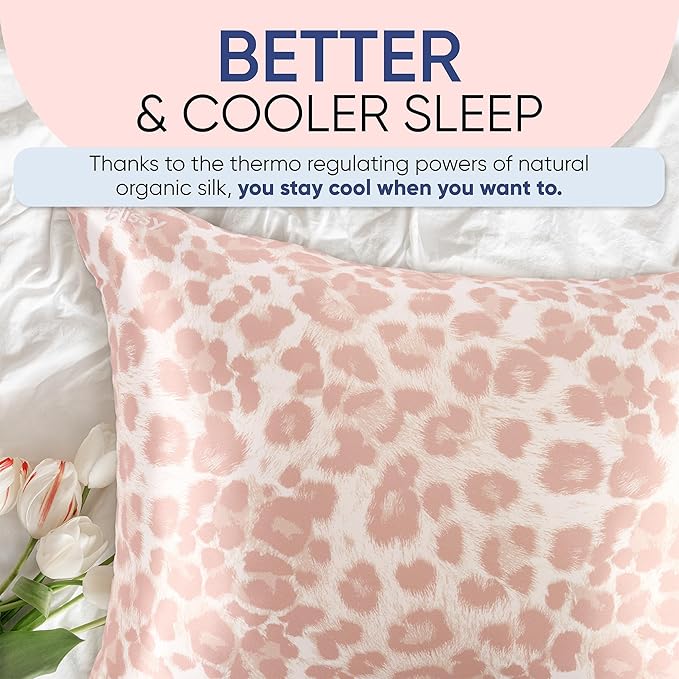 Blissy Silk Pillowcase - 100% Pure Mulberry Silk - 22 Momme 6A High-Grade Fibers - Silk Pillow Cover for Hair & Skin - Regular, Queen & King (Nicole Miller - Mauve Cheetah, Queen)