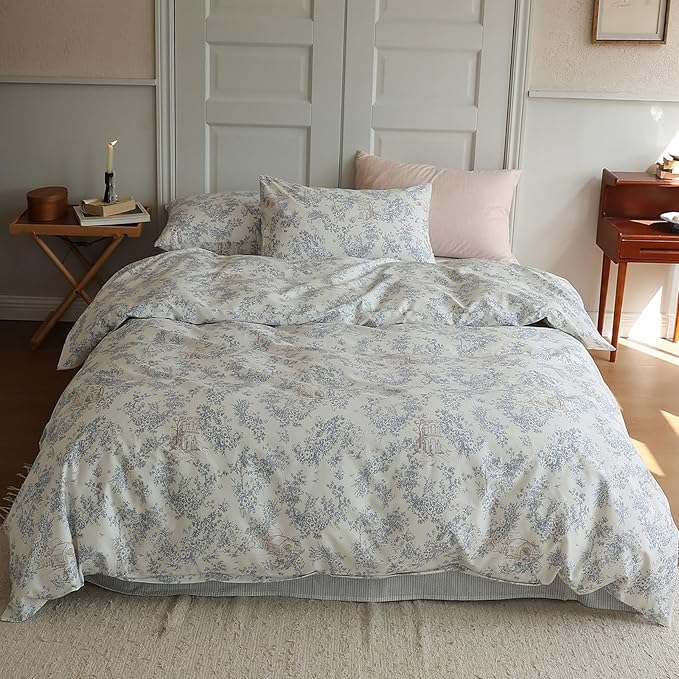 HighBuy Boho Floral Girls Duvet Cover Twin XL 100% Cotton Chic Floral Bedding Duvet Cover Twin XL Lightweight Soft Aesthetic Garden Flower Bedding Set Comforter Cover with 2 Pillowcases