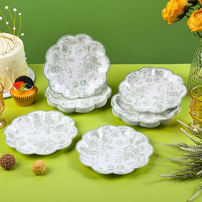 48 Pcs Sage Green Floral Party Plates Vintage Floral Leaf Disposable Paper Plates Wildflower Green Toile 7" Scalloped Rim Dessert Plates for Christmas Birthday Bridal Tea Party Supplies