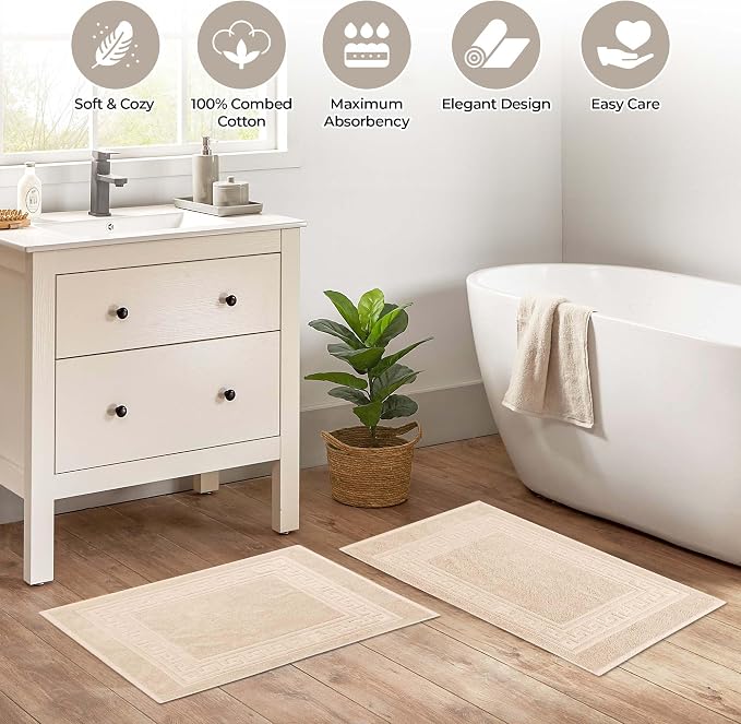 Superior Heavyweight Cotton Bath Mats, Bath Rugs For Bathroom Accessories, Washable Rug For Shower, Bath, Toilet, Modern Decor, No Backing, Luxury Hotel And Spa Quality, Set of 2, 22" x 35", Ivory