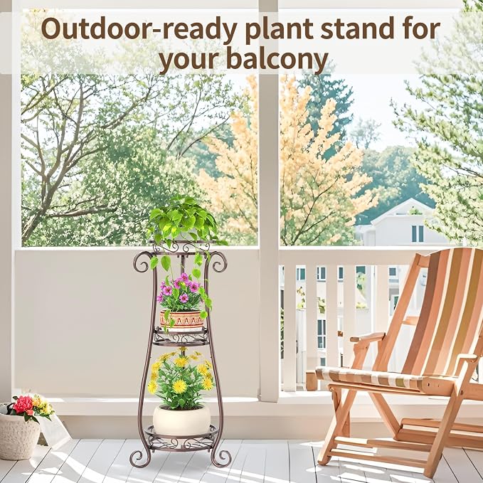 LASZOLA 3 Tier Bronze Metal Plant Stand for Multiple Large Planters Indoor Outdoor Organizer, Heavy Duty Tall Flower Stand for Corner Patio Bathroom Office, Modern Sturdy Vertical Iron Rack, Cat Proof