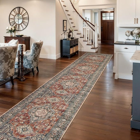 Lahome Oriental Hallway Runner Rug, 2.5x12 Washable Runners for Hallways Kitchen, Soft Distressed Non Shedding Long Carpet for Entryway ‎Laundry Room, Brick Red