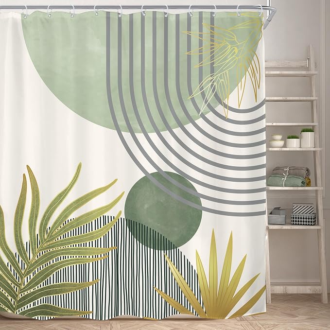 KOMLLEX Mid Century Mint Green Boho Shower Curtain for Bathroom Decor 72Wx78H Inches Abstract Modern Plant Botanical Minimalist Arch Sun Neutral Fabric Waterproof Polyester 12 Pack Hooks
