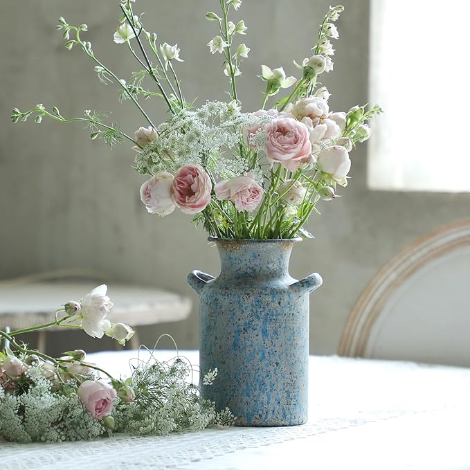 Rustic Vintage Metal Flower Vase for Decor Milk Jug Small Vases for Flowers Kitchen Decorations, Cylindrical,Perfect for Kitchen, Dining Room, Living Room,Housewarming Gift, Blue