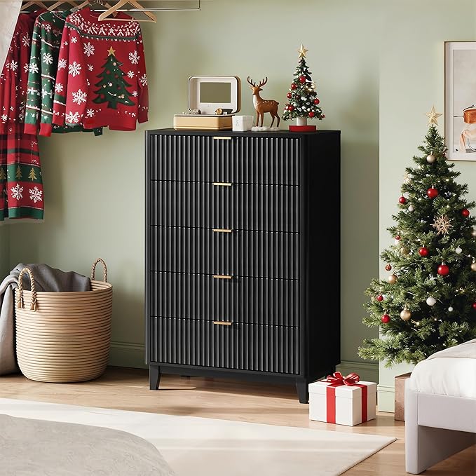 WLIVE Fluted Dresser for Bedroom with 5 Drawers, 46.26" Tall Wooden Dresser with Golden Metal Handles, Mid Century Modern Chest of Drawers for Living Room, Hallway, Closet, Solid Black