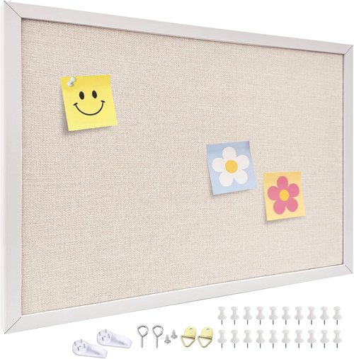 Regine Switzerland 24'' x 36'' Linen Bulletin Board - Large White Oak Frame Corkboard for Vision & Decor