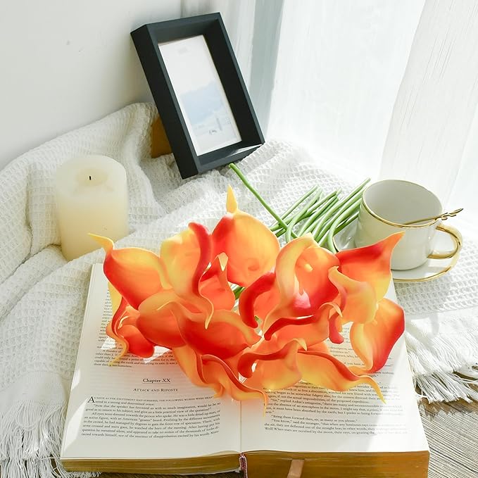 Mandy's PU Sunset Calla Lily Artificial Flowers 20 Stems 13.5in Faux Realistic Centerpiece for Thanksgiving and Christmas Decorations DIY Bridal Bouquet Home Décor