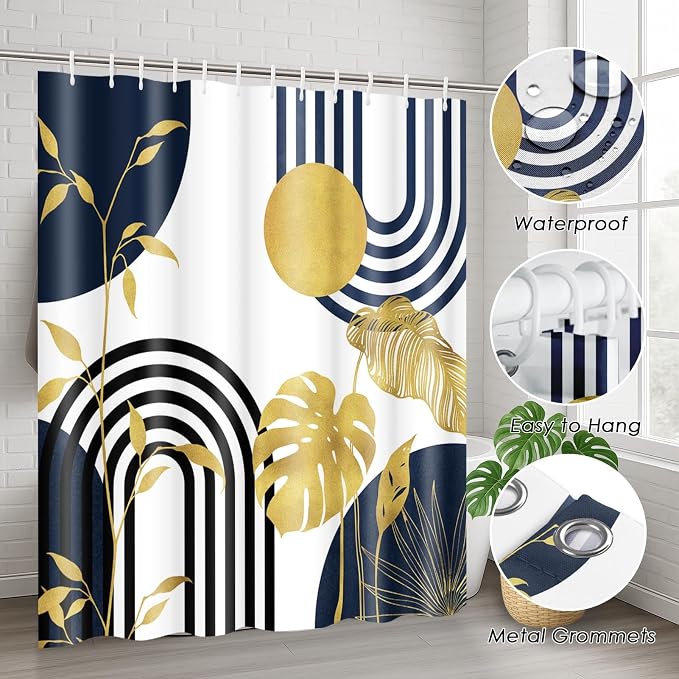 Boho Blue Shower Curtain Set with Toilet Lid Cover and Non-Slip Rugs, Abstract Botanical Navy Gold 4 Pcs Modern Minimalist Vintage Shower Curtain for Bathroom Set with 12 Hooks