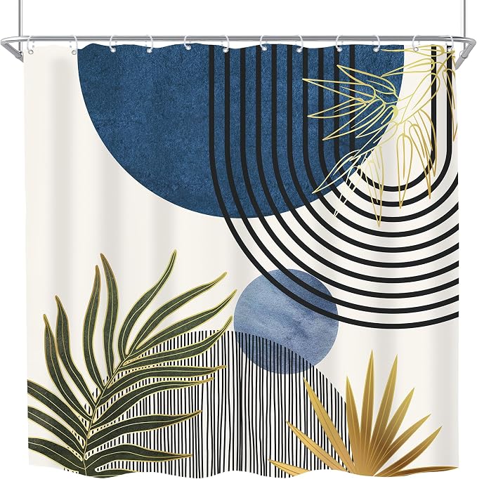 KOMLLEX Mid Century Blue Green Boho Shower Curtain 72Wx72L Inches Abstract Modern Shower Curtains for Bathroom Decor Plant Botanical Minimalist Arch Sun Fabric Liner Waterproof Polyester 12 Pack Hooks