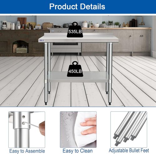 HARDURA Stainless Steel Prep Table - Commercial Kitchen Workbench with Backsplash | 24x48 Inches NSF Certified