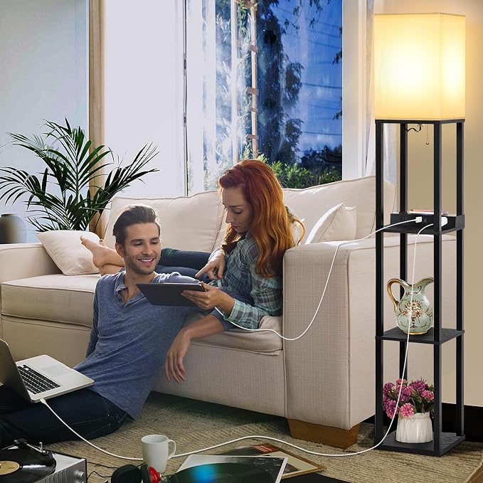 Mlambert Modern Shelf Floor Lamp with Wireless Charger & Fast Charging USB Ports & Type C Port & 2 Power Outlets,3 Tier Storage Lamp for Bedroom,Black