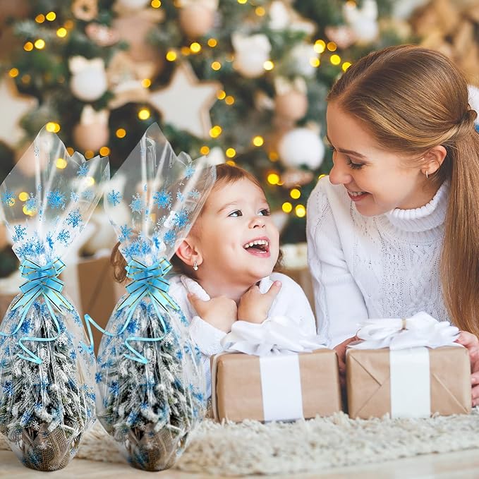 Christmas Cellophane Wrap Roll 100 ft Long 32 Inch Wide 3.1 Mil Thicken Long Film Wrapping Paper Plastic Gift Bags Large Basket Wrap for Xmas Decor Arts Crafts Flower(Clear, White, Blue,Snowflake)