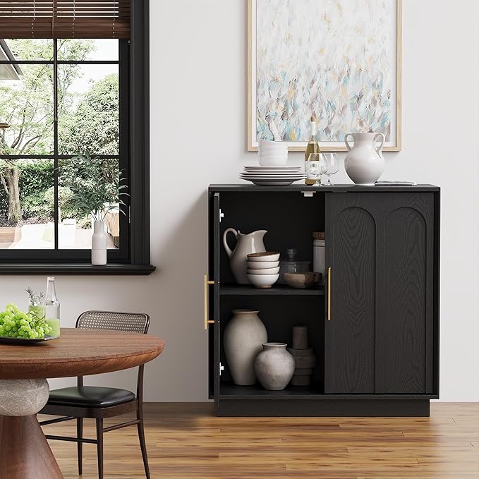 FORTUNETEC Sideboard Buffet Cabinet with Storage Set of 2, Mid Century Modern Accent Cabinet with Arched Doors, Modular Media Console, Credenza for Living Room Kitchen Dining Room Entryway, Black