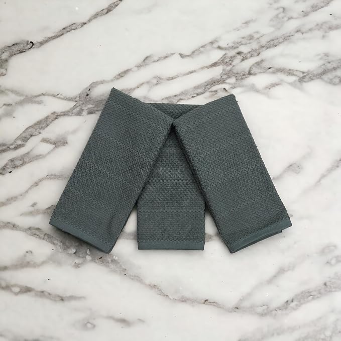 Serafina Home Dark Grey Gray Kitchen Hand Dish Towels: Oversized 28" x 18",100% Cotton Cloth Soft Cleaning Drying Absorbent Textured Design, Set of 3 Multipurpose for Everyday Use (Dark Grey)