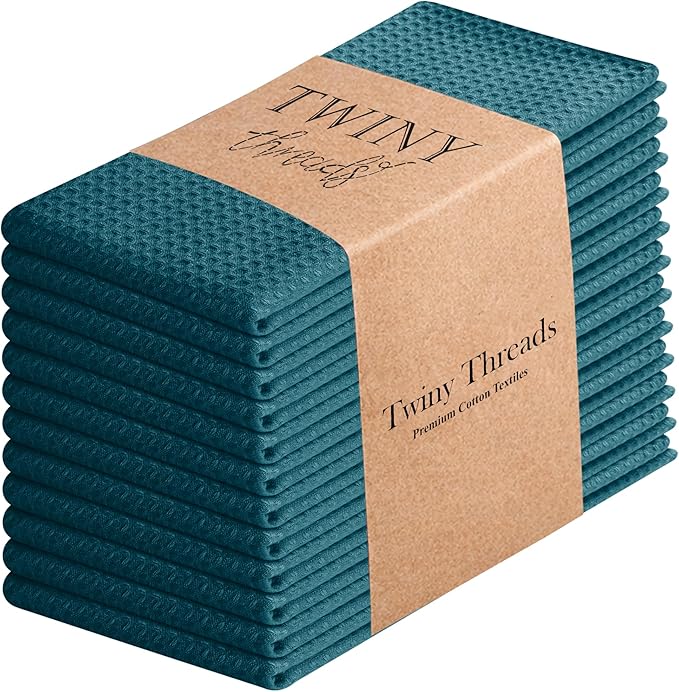 TWINY threads Kitchen Towels Set of 12, 16x26 Inches, 100% Cotton Waffle Weave Dish Towels, Soft and Absorbent Tea Towels with Hanging Loop, Washable Reusable Cloths for Cleaning, Teal Green